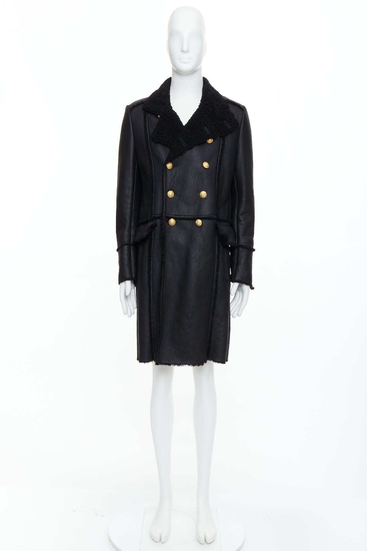 BALMAIN black shearling lined leather gold double breasted coat FR48 M For Sale 6