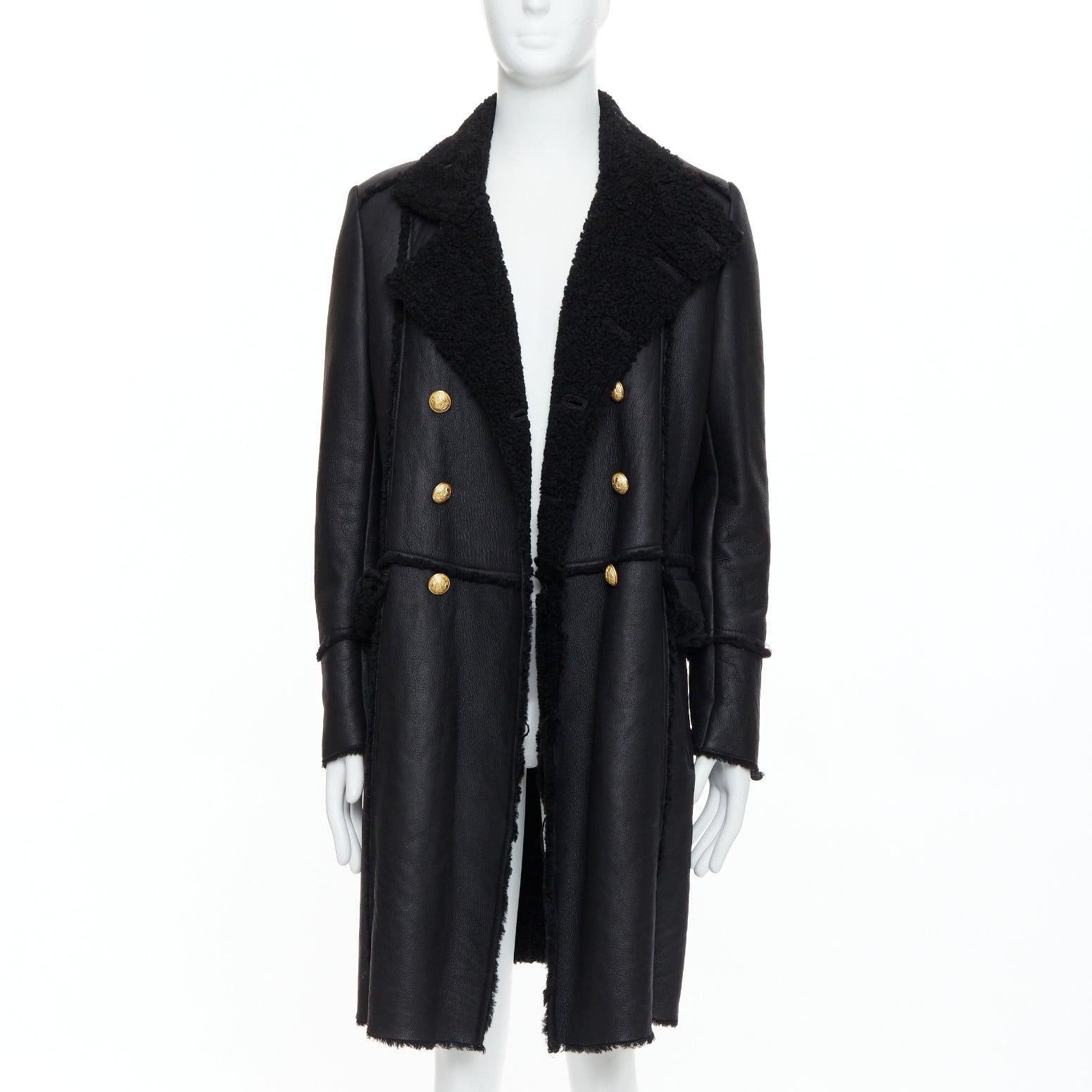 Black BALMAIN black shearling lined leather gold double breasted coat FR48 M For Sale