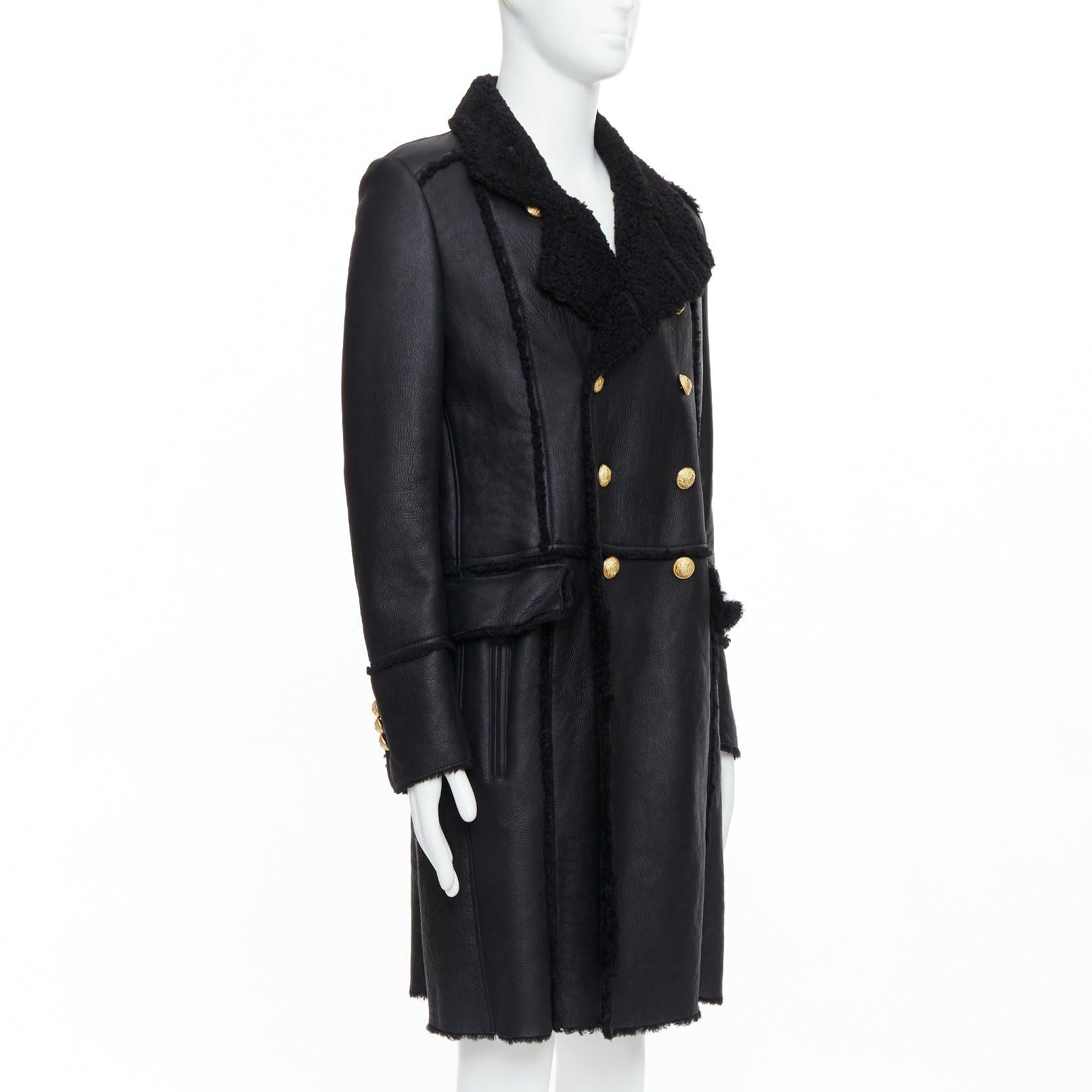 BALMAIN black shearling lined leather gold double breasted coat FR48 M In Good Condition For Sale In Hong Kong, NT