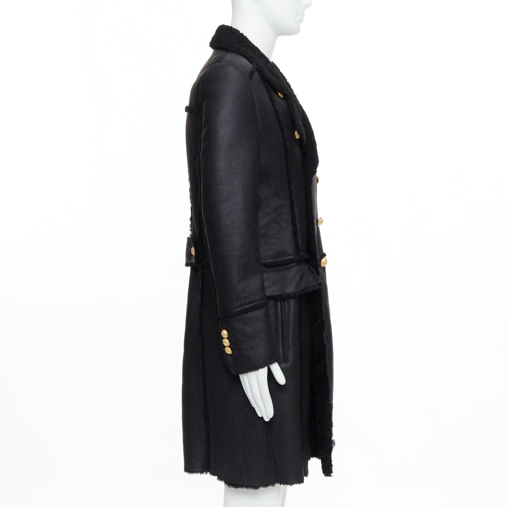 Men's BALMAIN black shearling lined leather gold double breasted coat FR48 M For Sale