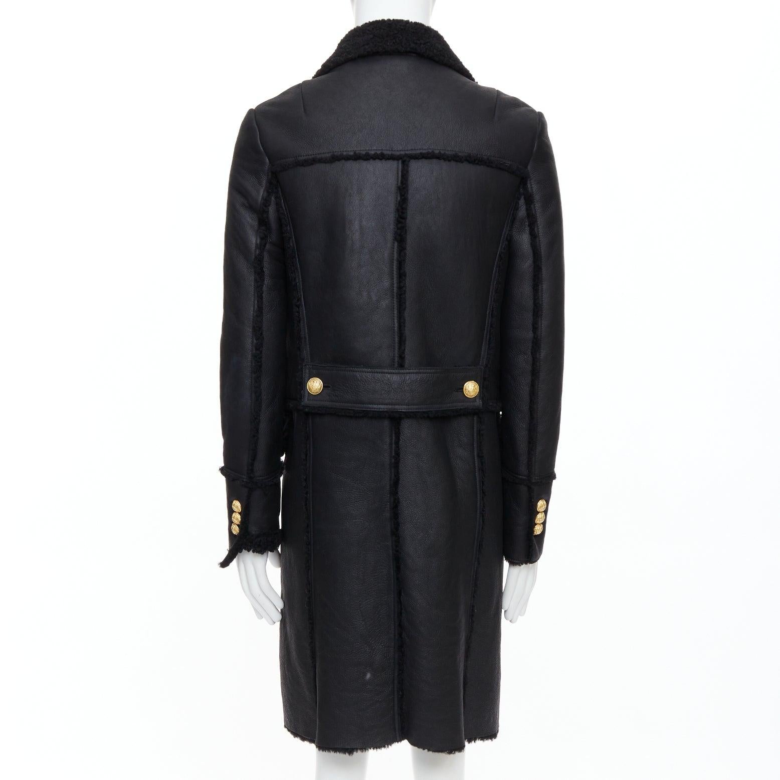 BALMAIN black shearling lined leather gold double breasted coat FR48 M For Sale 1