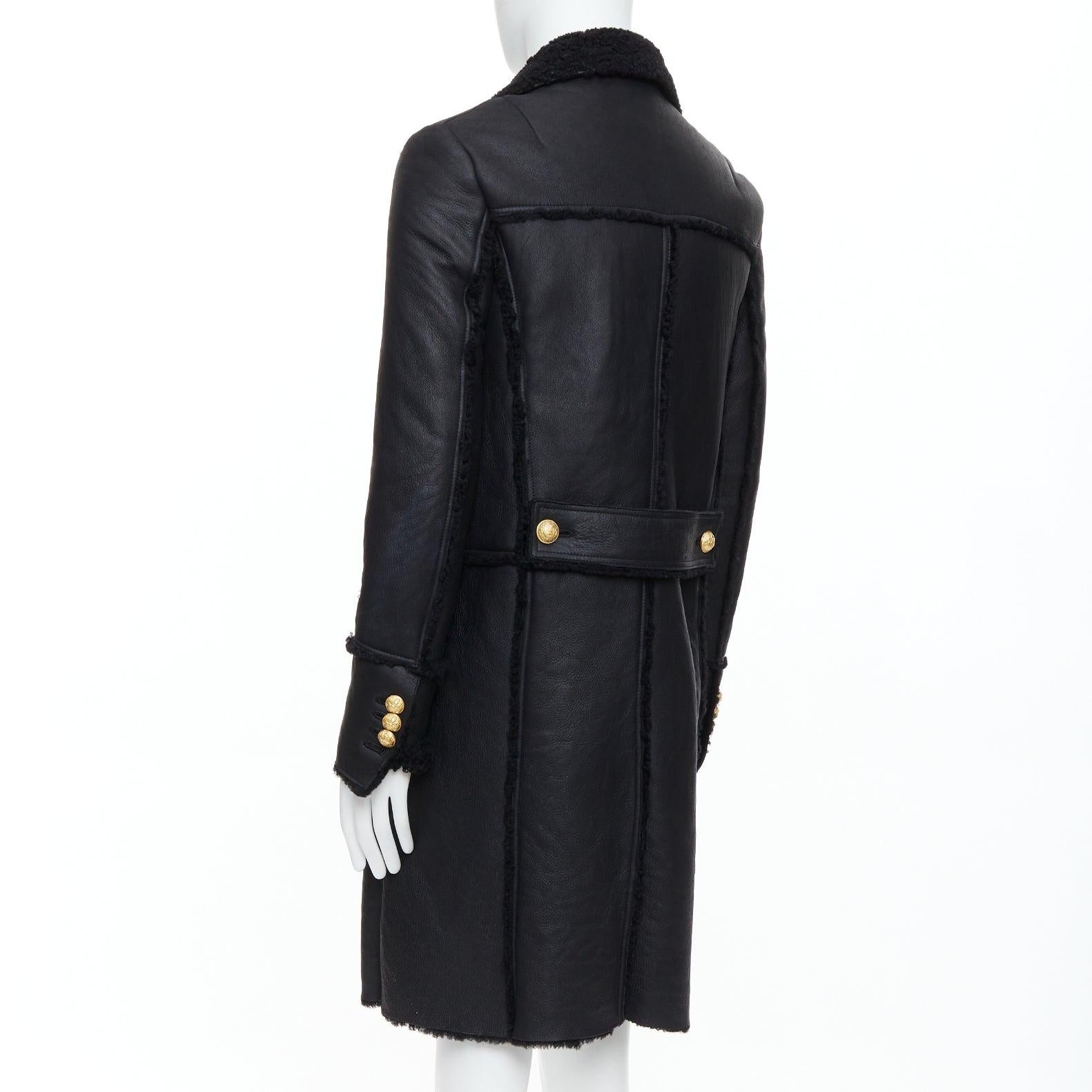 BALMAIN black shearling lined leather gold double breasted coat FR48 M For Sale 2