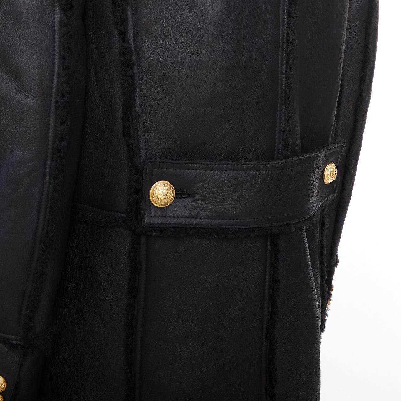 BALMAIN black shearling lined leather gold double breasted coat FR48 M For Sale 3