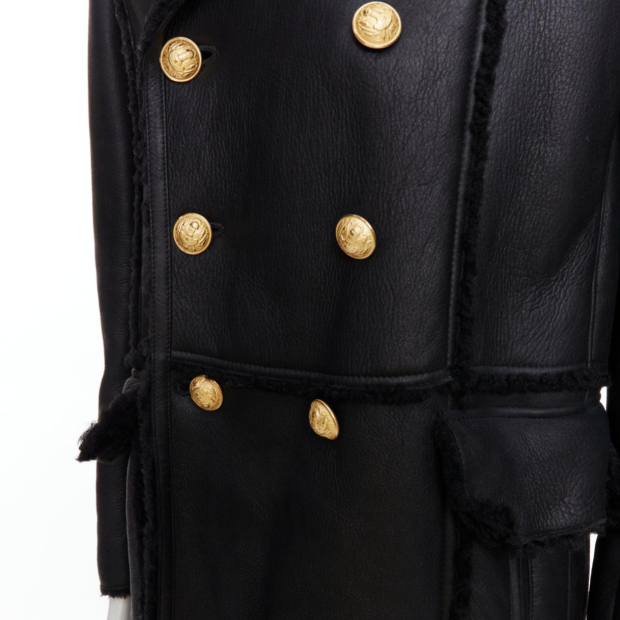 BALMAIN black shearling lined leather gold double breasted coat FR48 M For Sale 4