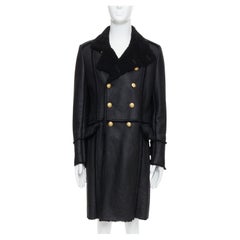 BALMAIN black shearling lined leather gold double breasted coat FR48 M
