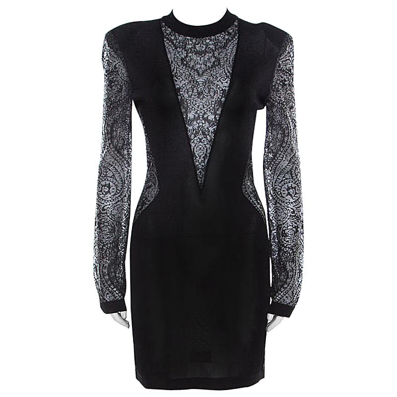 Balmain Black Sheer Lace Paneled Mini Bodycon Dress M