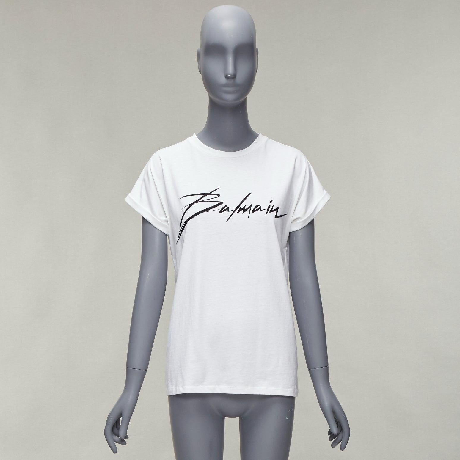 BALMAIN black signature logo velvet print cuffed sleeve white tshirt FR34 XS For Sale 5