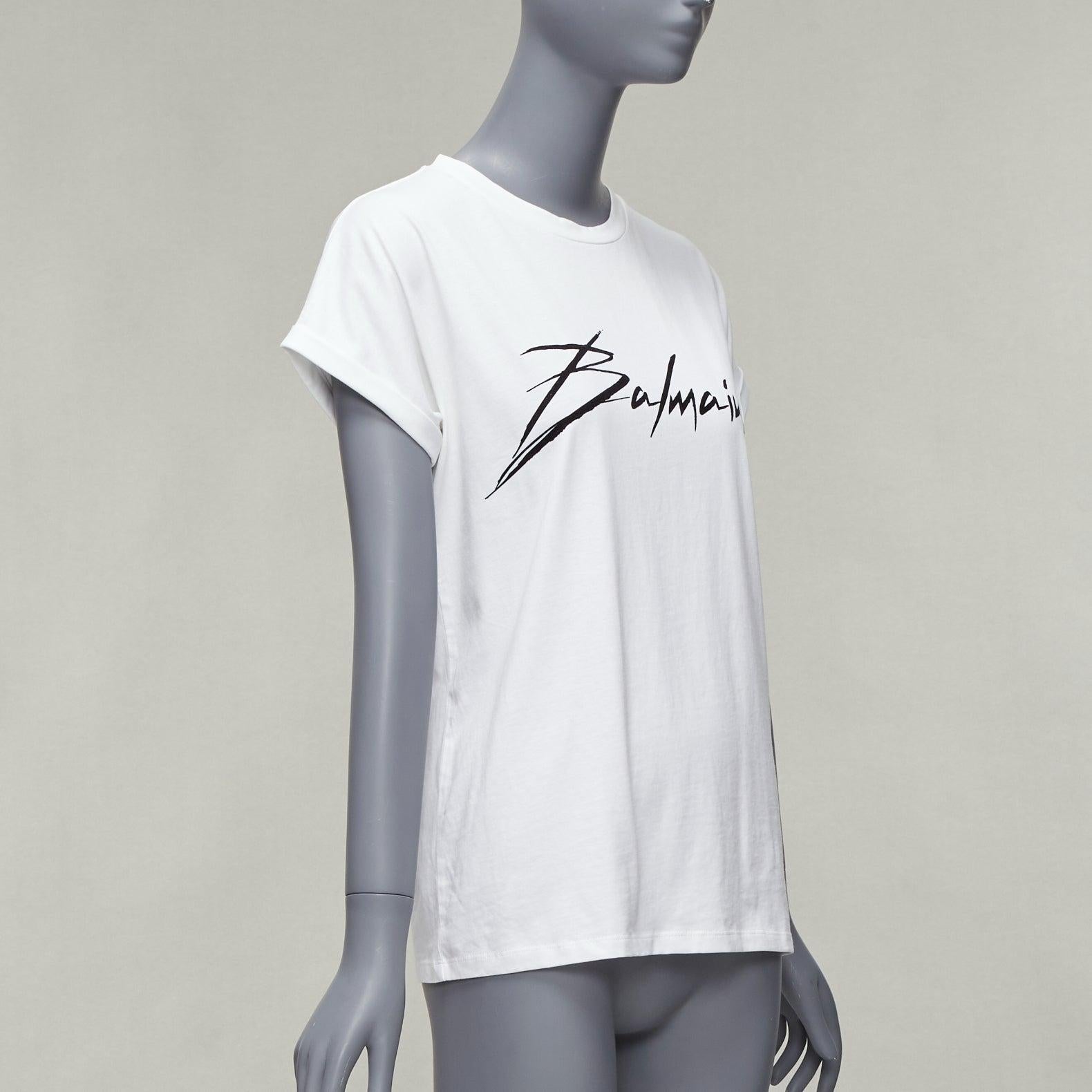 BALMAIN black signature logo velvet print cuffed sleeve white tshirt FR34 XS In Fair Condition For Sale In Hong Kong, NT