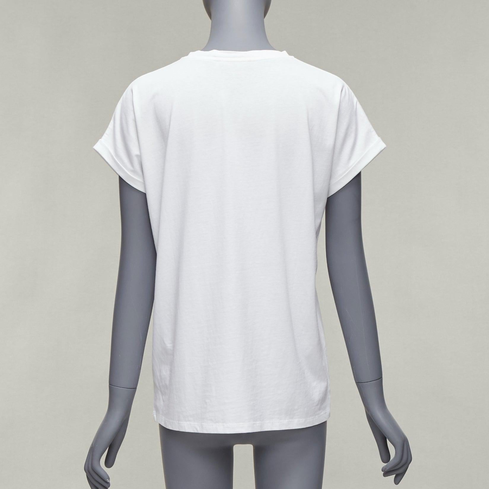 Women's BALMAIN black signature logo velvet print cuffed sleeve white tshirt FR34 XS For Sale