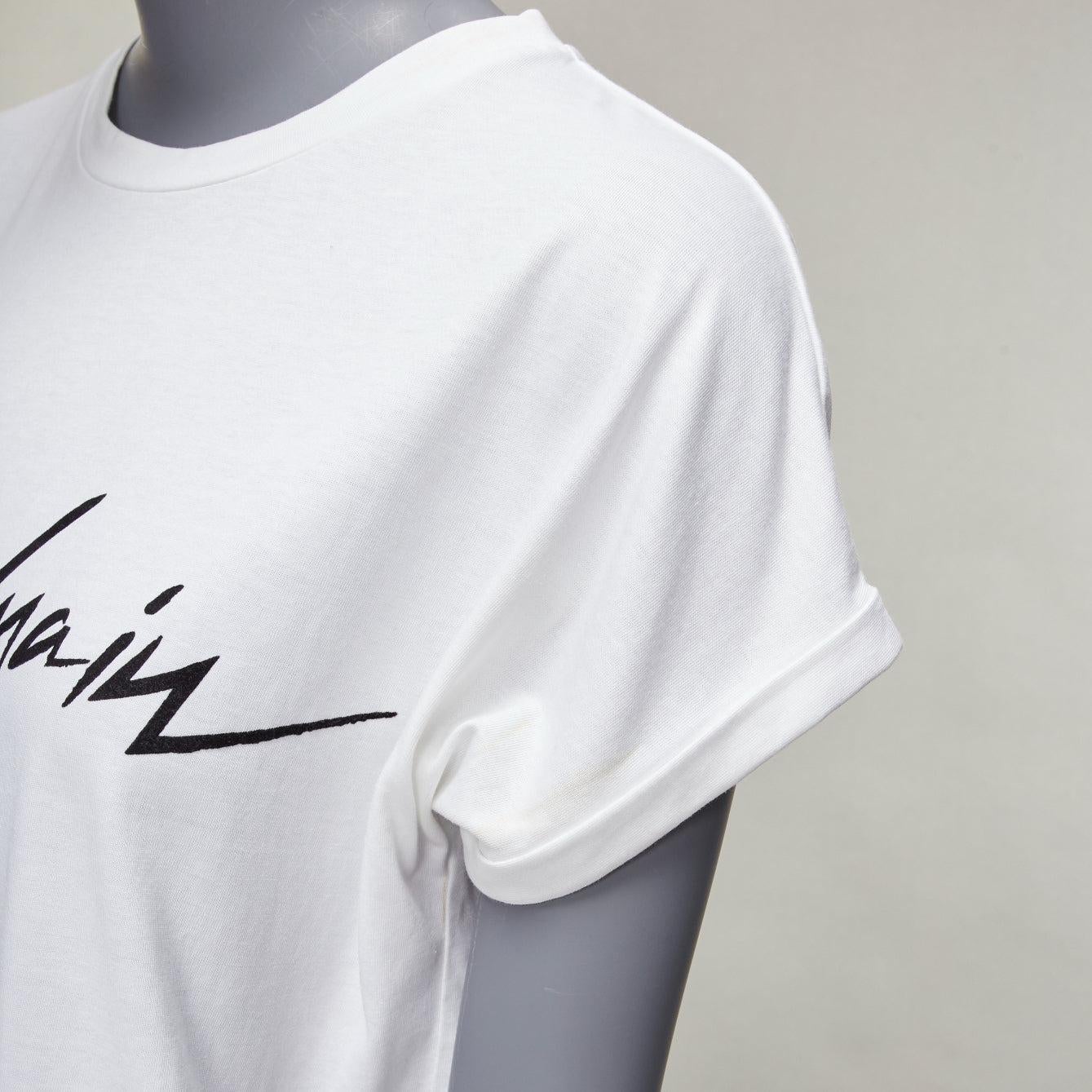 BALMAIN black signature logo velvet print cuffed sleeve white tshirt FR34 XS For Sale 3