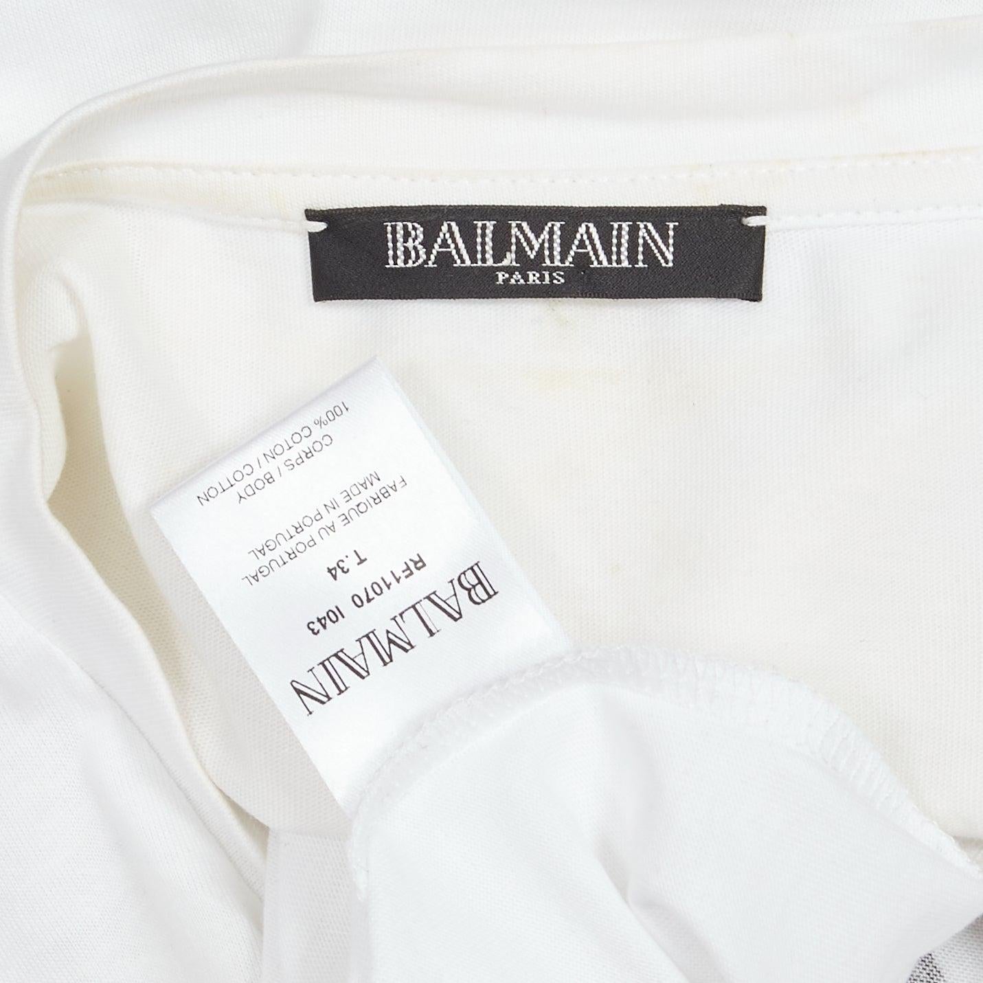 BALMAIN black signature logo velvet print cuffed sleeve white tshirt FR34 XS For Sale 4