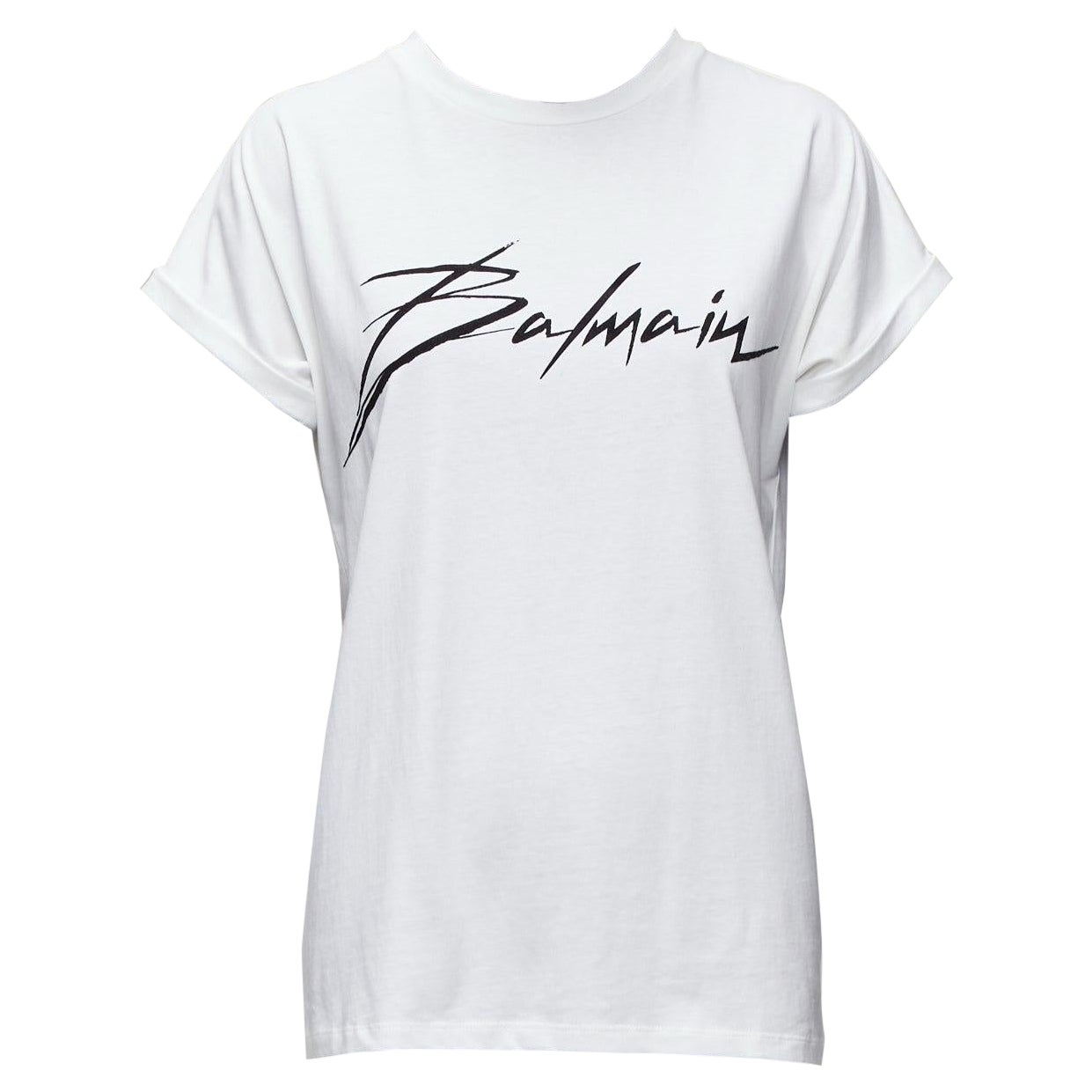 BALMAIN black signature logo velvet print cuffed sleeve white tshirt FR34 XS