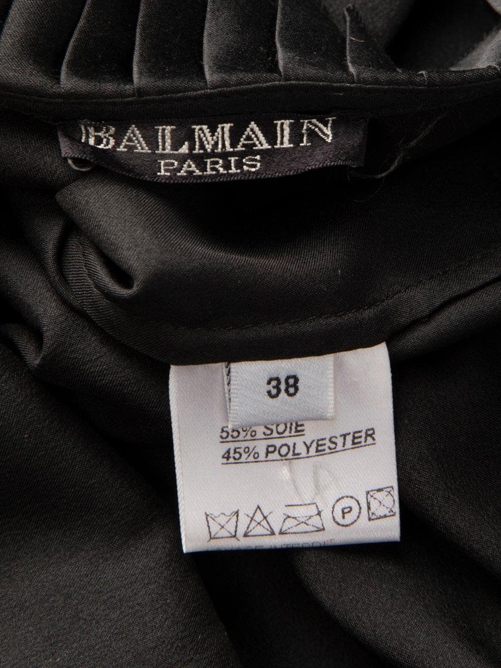 Balmain Black Silk Long Sleeve Pleated Blouse Size M For Sale 1