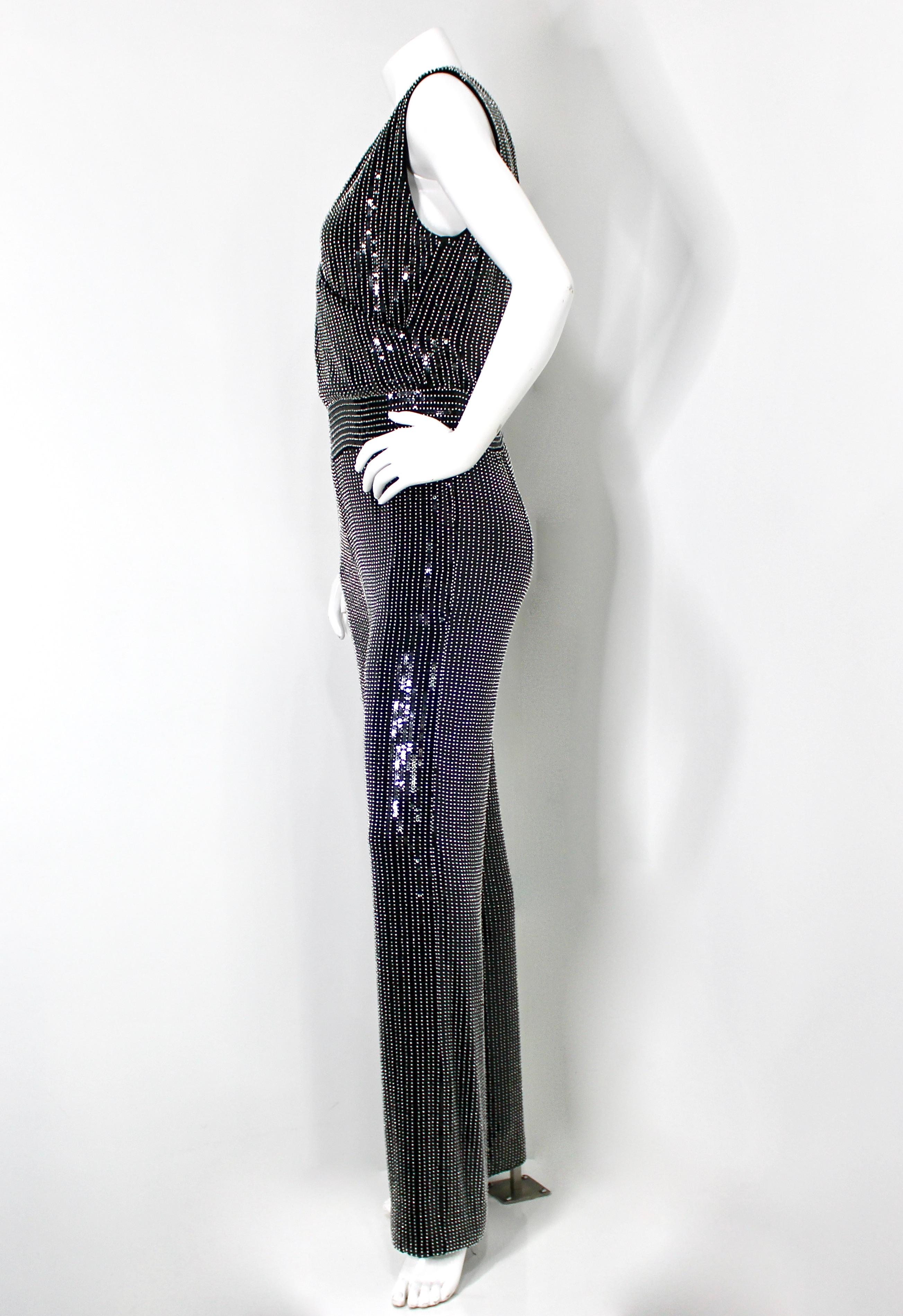 Donna Balmain Tuta nera e argento con paillettes e perline in vendita
