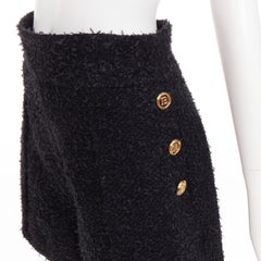 BALMAIN black speckle metallic tweed gold B buttons high rise shorts FR38 M
