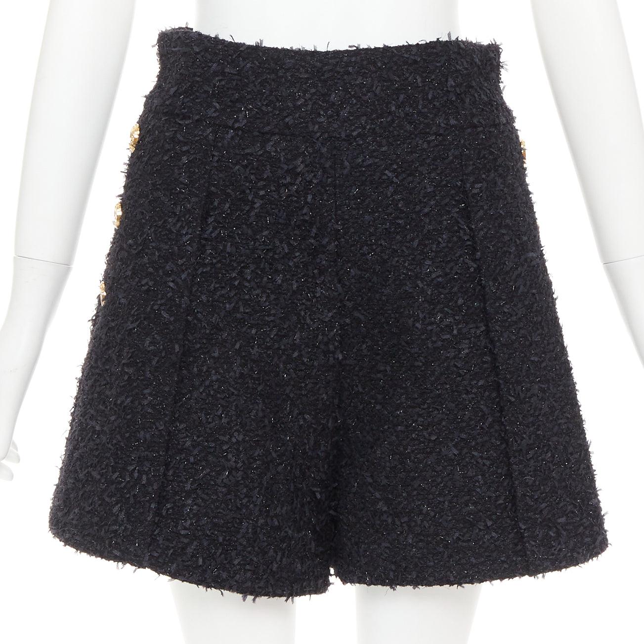 BALMAIN Schwarz gesprenkelt Metallic-Tweed Gold B Knöpfe High-Rise-Shorts FR38 M im Zustand „Neu“ im Angebot in Hong Kong, NT