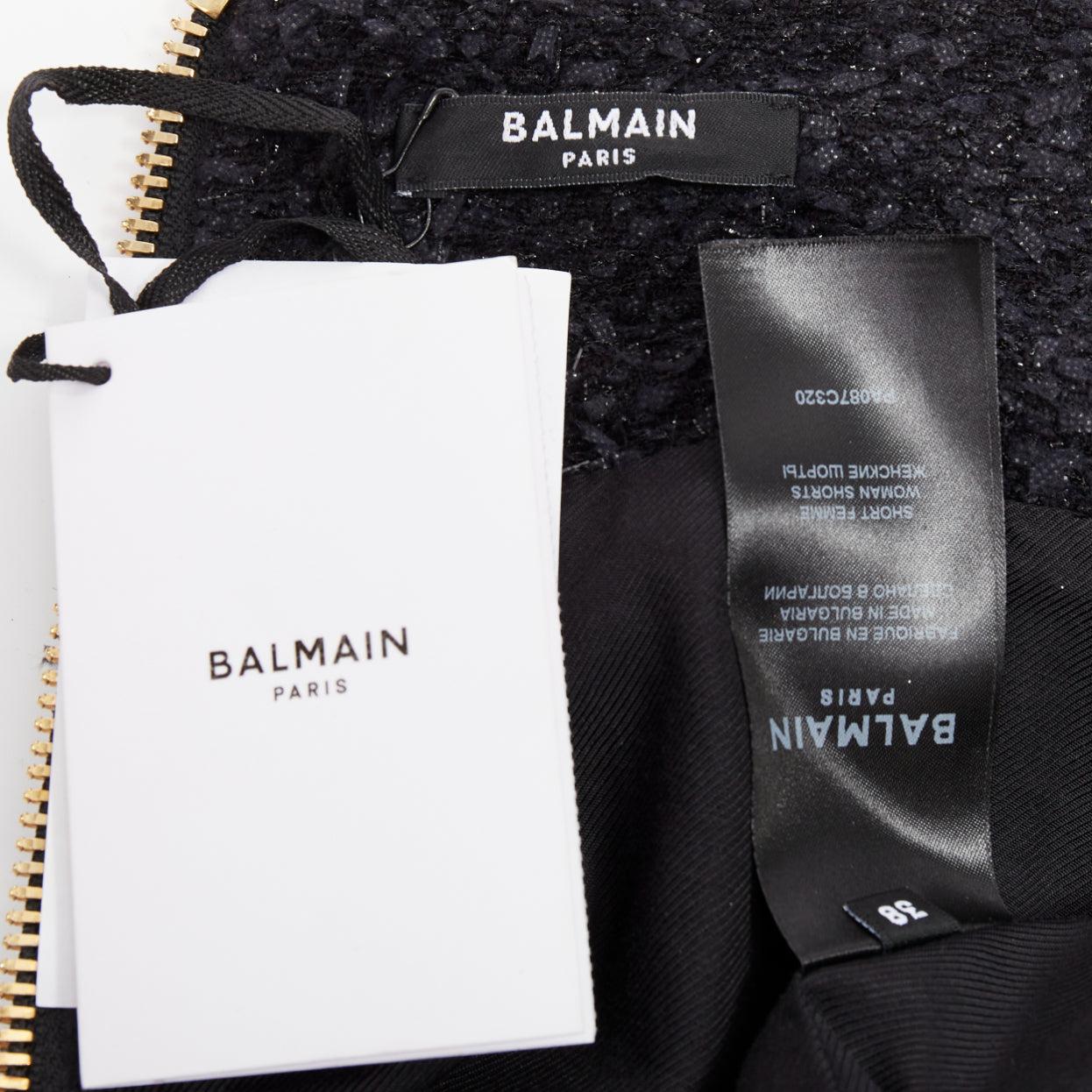 BALMAIN Schwarz gesprenkelt Metallic-Tweed Gold B Knöpfe High-Rise-Shorts FR38 M im Angebot 4