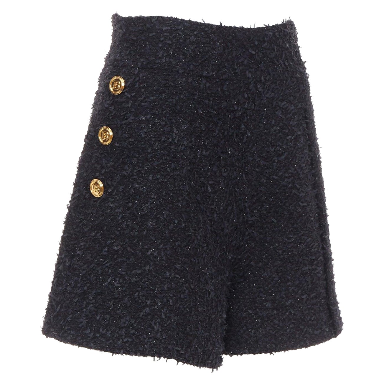 BALMAIN Schwarz gesprenkelt Metallic-Tweed Gold B Knöpfe High-Rise-Shorts FR38 M