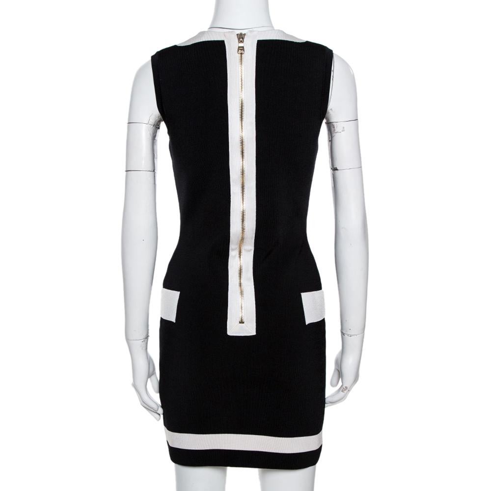 Balmain Black Stretch Knit Contrast Trim Sleeveless Bodycon Dress M In Good Condition In Dubai, Al Qouz 2