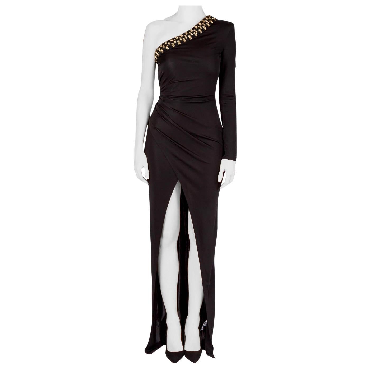 Balmain Black Stretch Knit Crystal Embellished Draped One Shoulder Evening Gown 