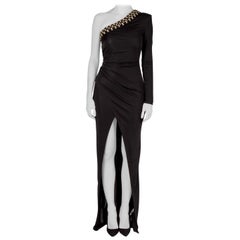 Balmain Black Stretch Knit Crystal Embellished Draped One Shoulder Evening Gown 