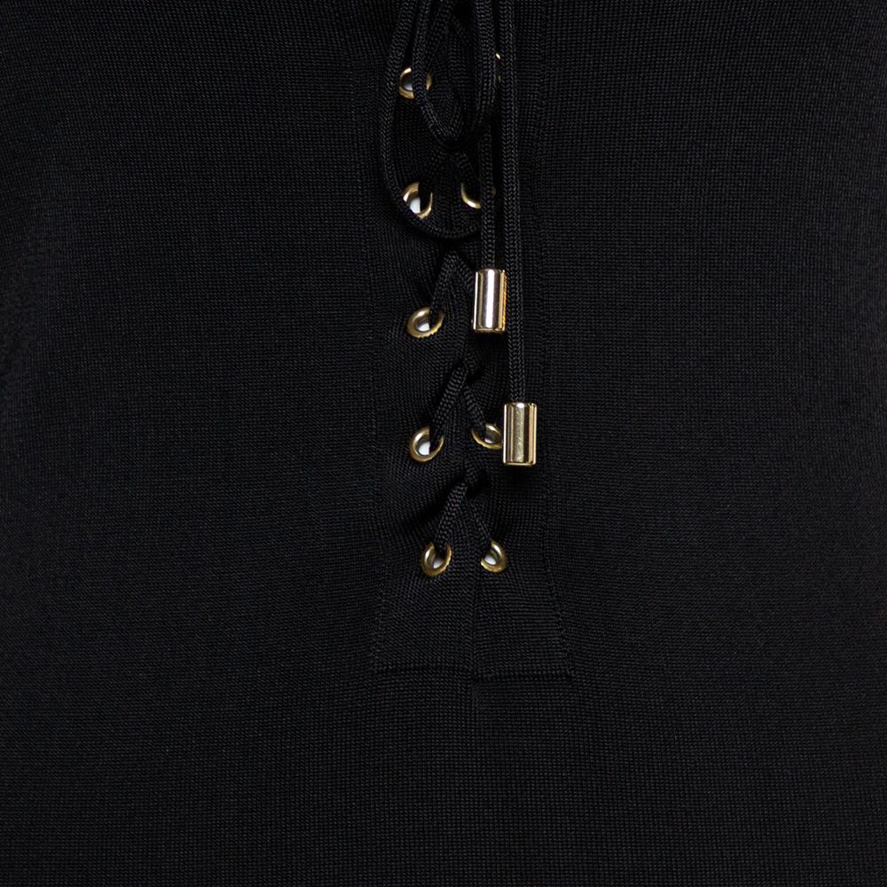 Balmain Black Stretch Knit Lace-up Midi Dress M 1