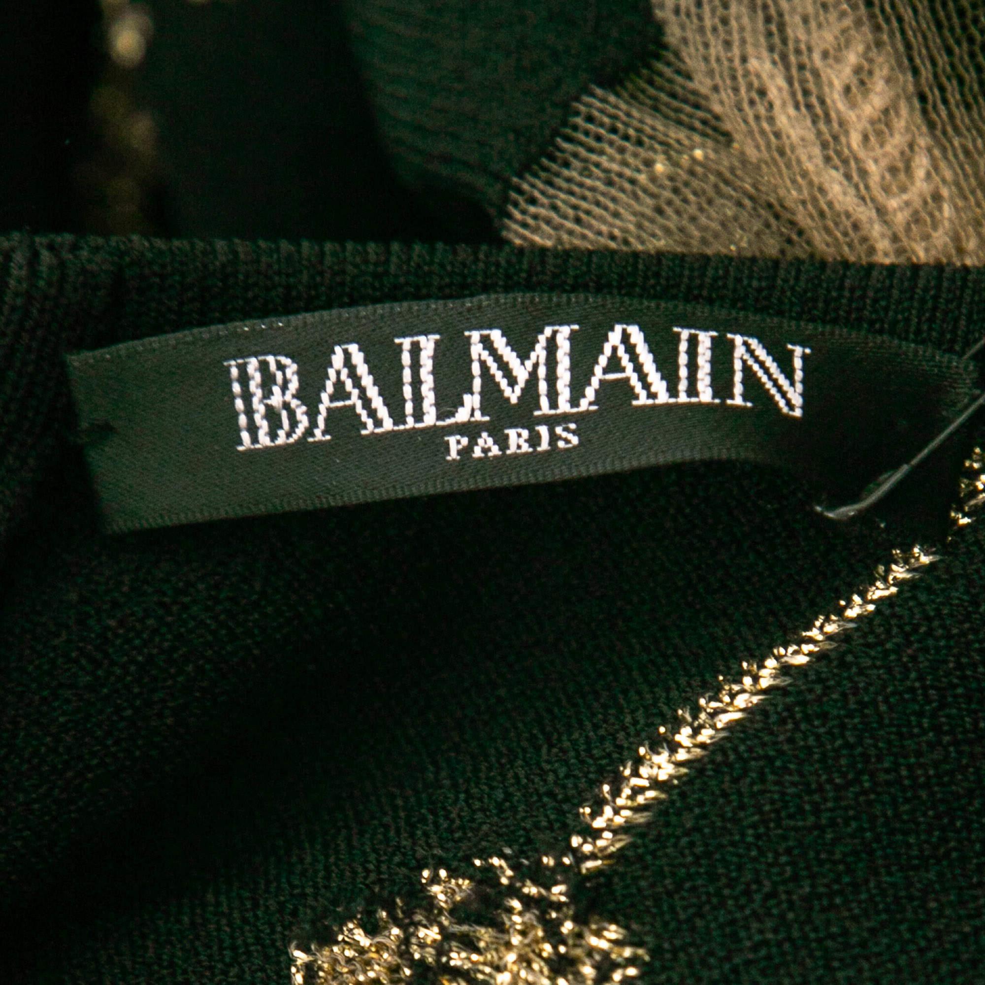 Balmain Body negro de punto elástico con paneles de tul metalizado L en Nuevo estado para la venta en Dubai, Al Qouz 2