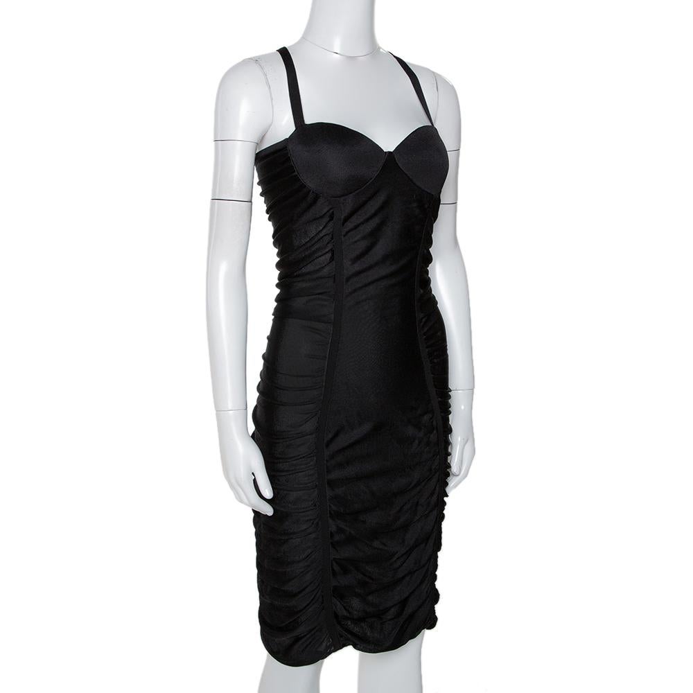 Balmain Black Stretch Knit Ruched Bustier Dress M In Good Condition In Dubai, Al Qouz 2