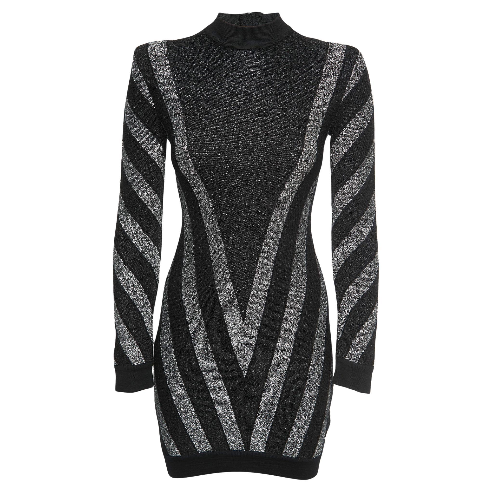 Balmain Black Striped Patterned Lurex Knit Mini Bodycon Dress S