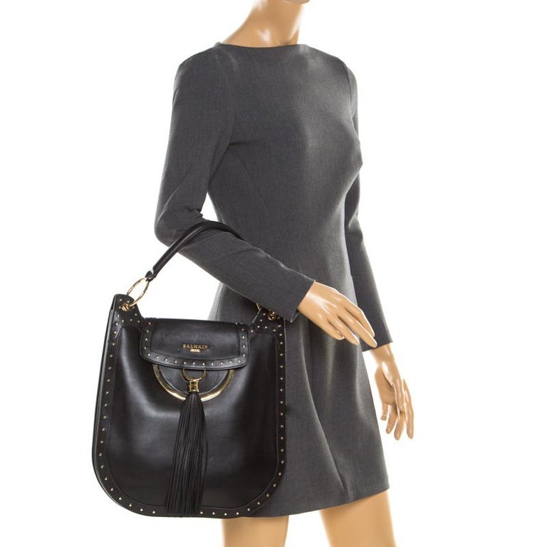 Balmain Black Studded Leather Domaine 33 Shoulder Bag For Sale at 1stDibs