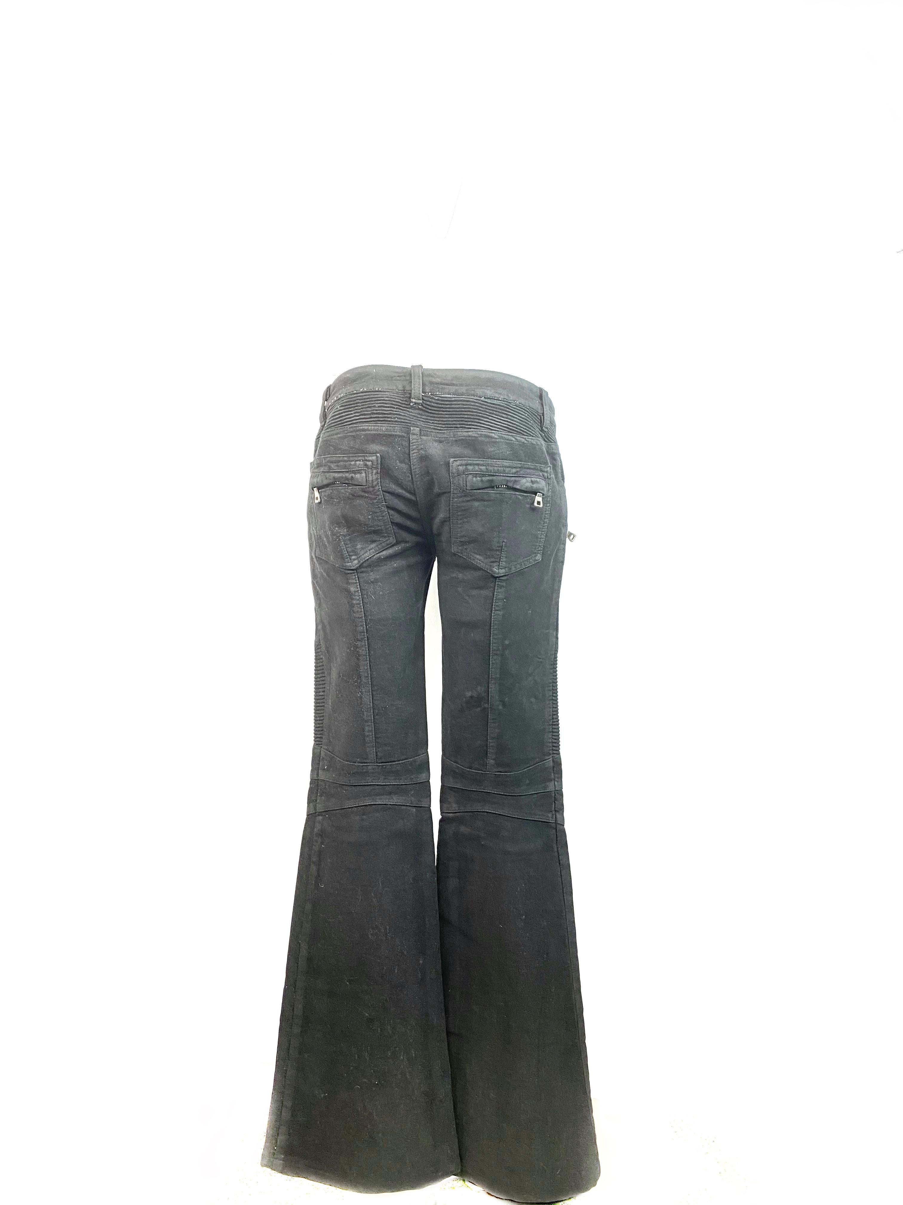 Balmain Black Suede Flare Jeans Pant Size 40 In Excellent Condition For Sale In Beverly Hills, CA