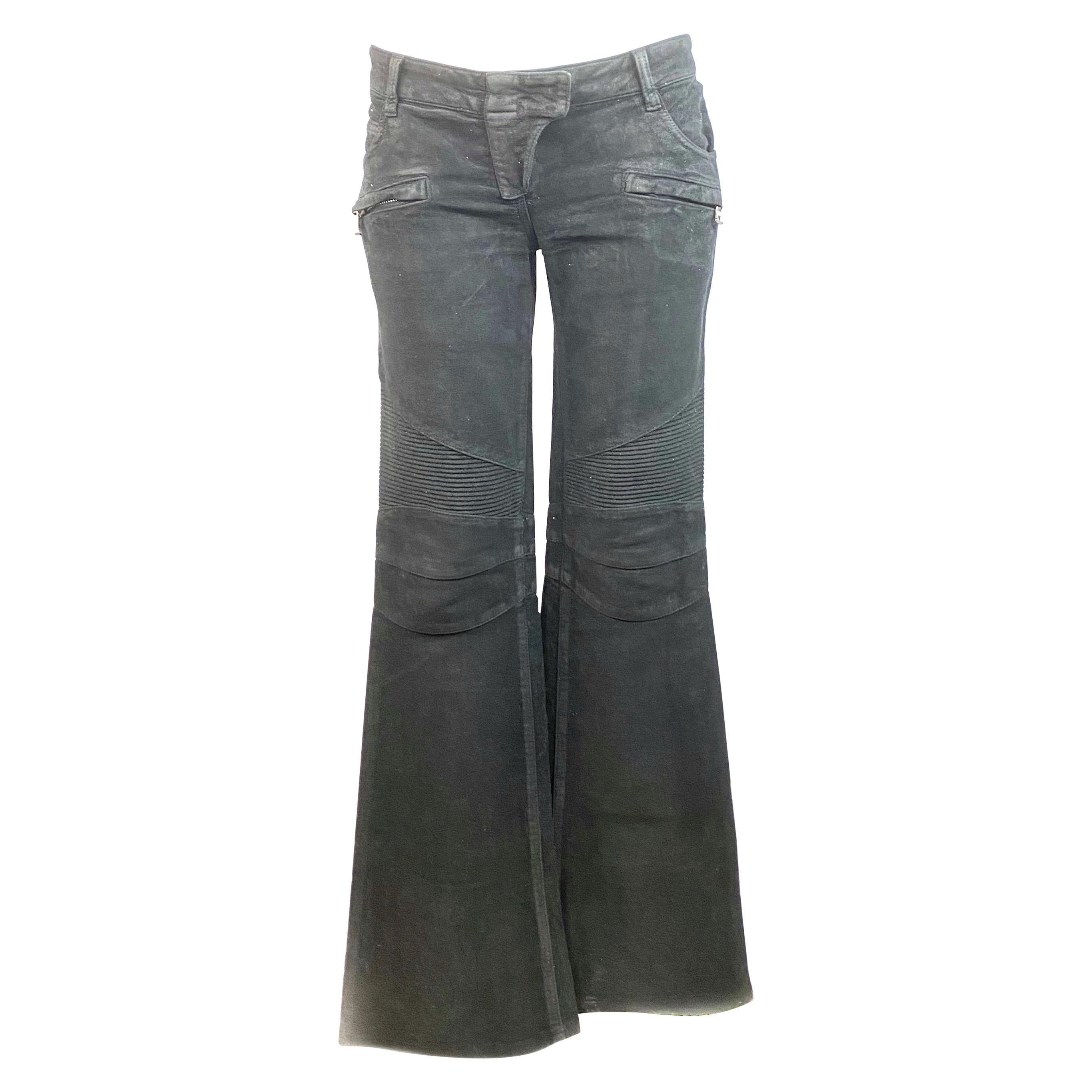 Balmain Black Suede Flare Jeans Pant Size 40 For Sale