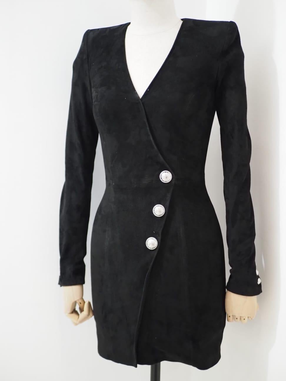 Black Balmain black suede silver tone buttons dress For Sale