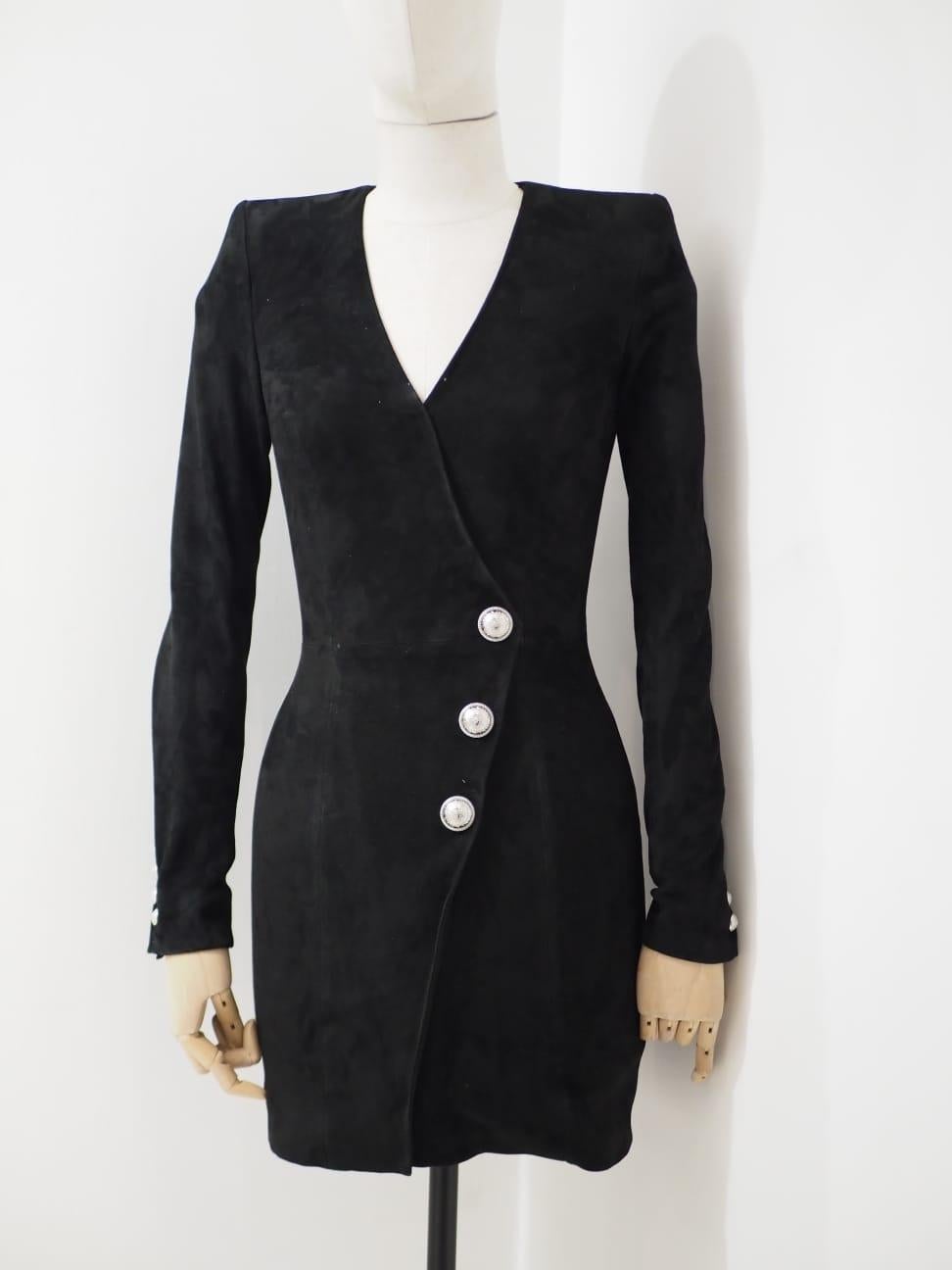 Balmain black suede silver tone buttons dress In Excellent Condition For Sale In Capri, IT