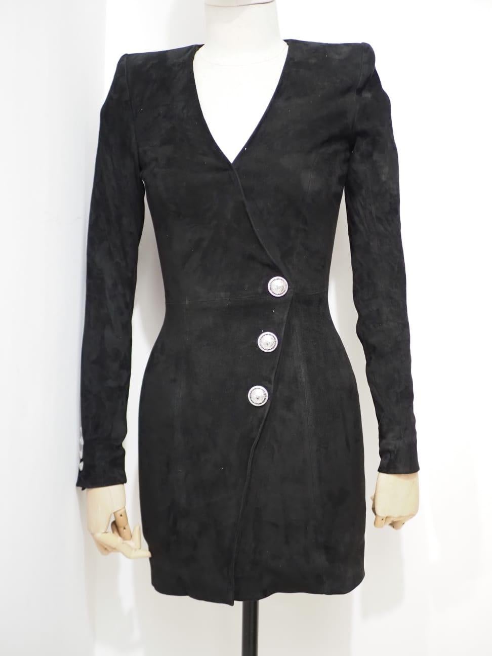Women's Balmain black suede silver tone buttons dress For Sale