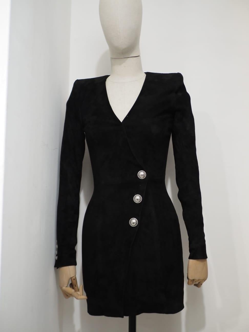 Balmain black suede silver tone buttons dress For Sale 1