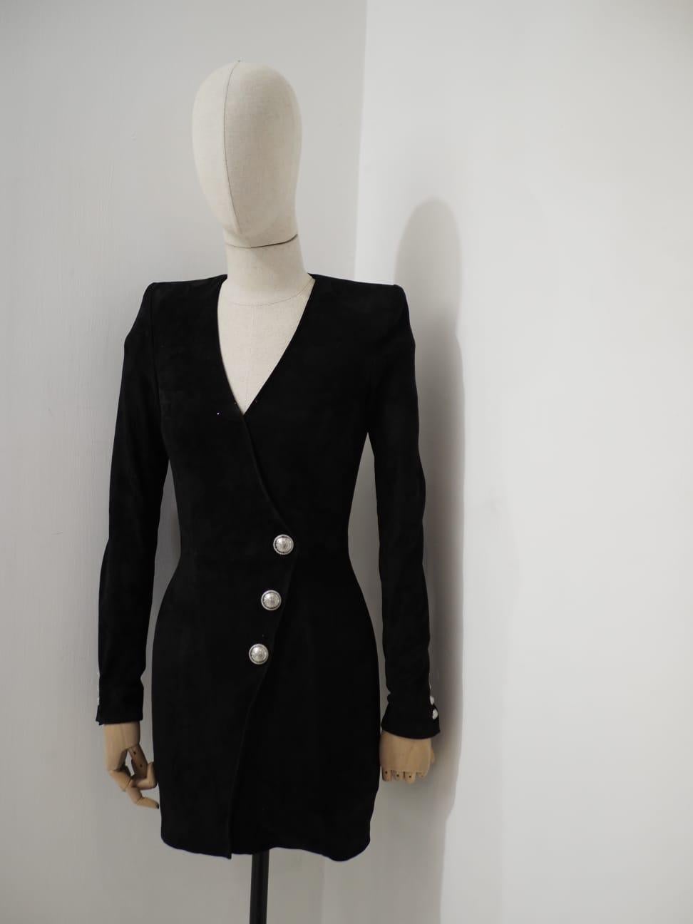 Balmain black suede silver tone buttons dress For Sale 3