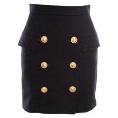 Balmain Black Textured Cotton Gold Button Detail High Waist Mini Skirt S
