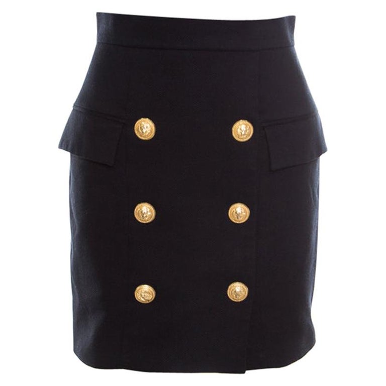 Balmain Black Textured Cotton Gold Button Detail High Waist Mini Skirt ...