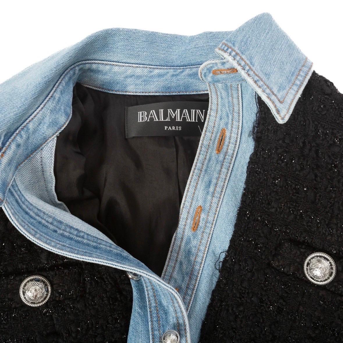 Balmain Black Tweed and Blue Denim Layered Jacket For Sale 1