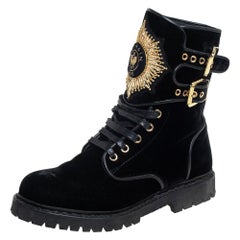 Balmain Black Velvet Embellished Eagle Combat Boots Size 37