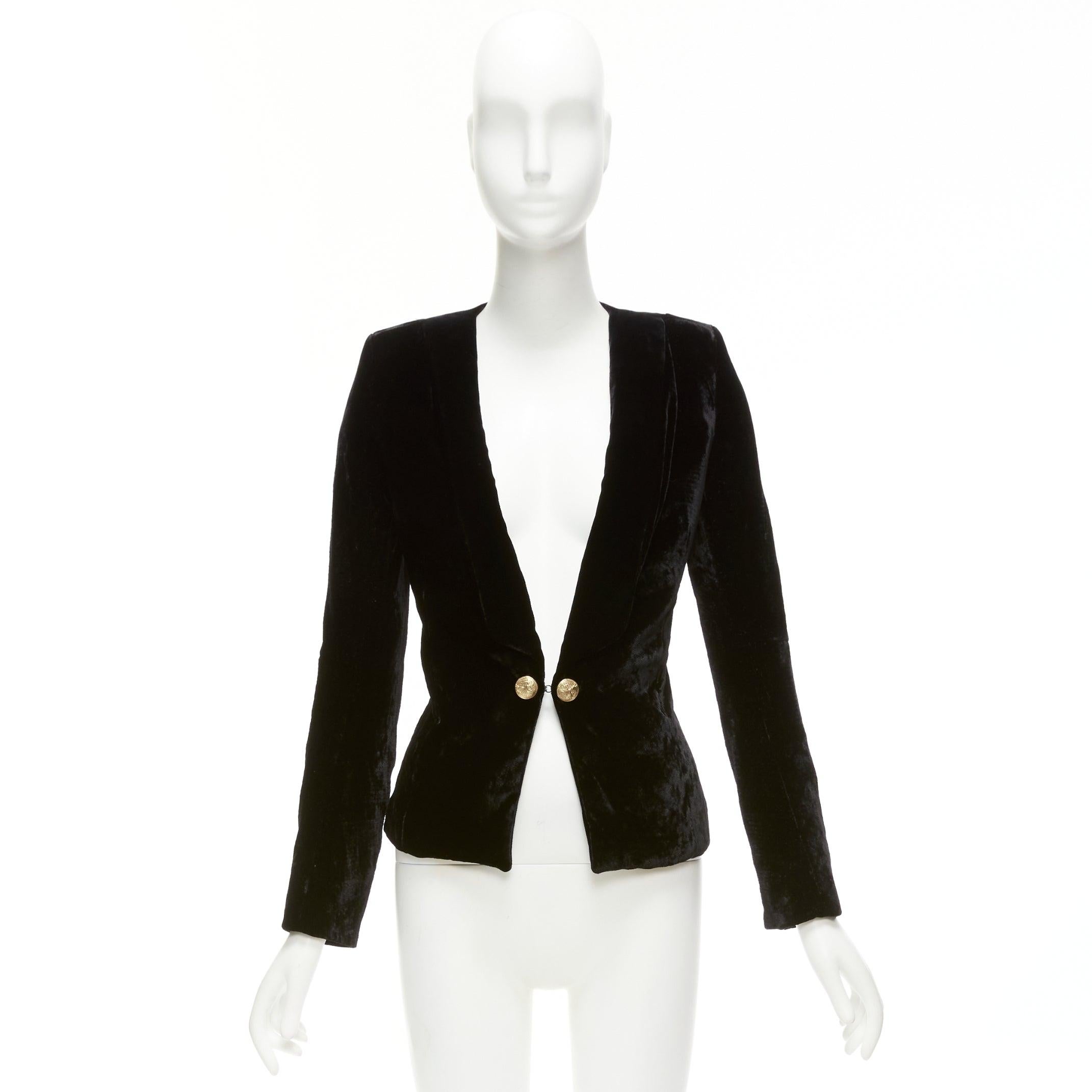 BALMAIN black velvet gold eagle buttons shoulder pads fitted blazer FR36 S For Sale 6