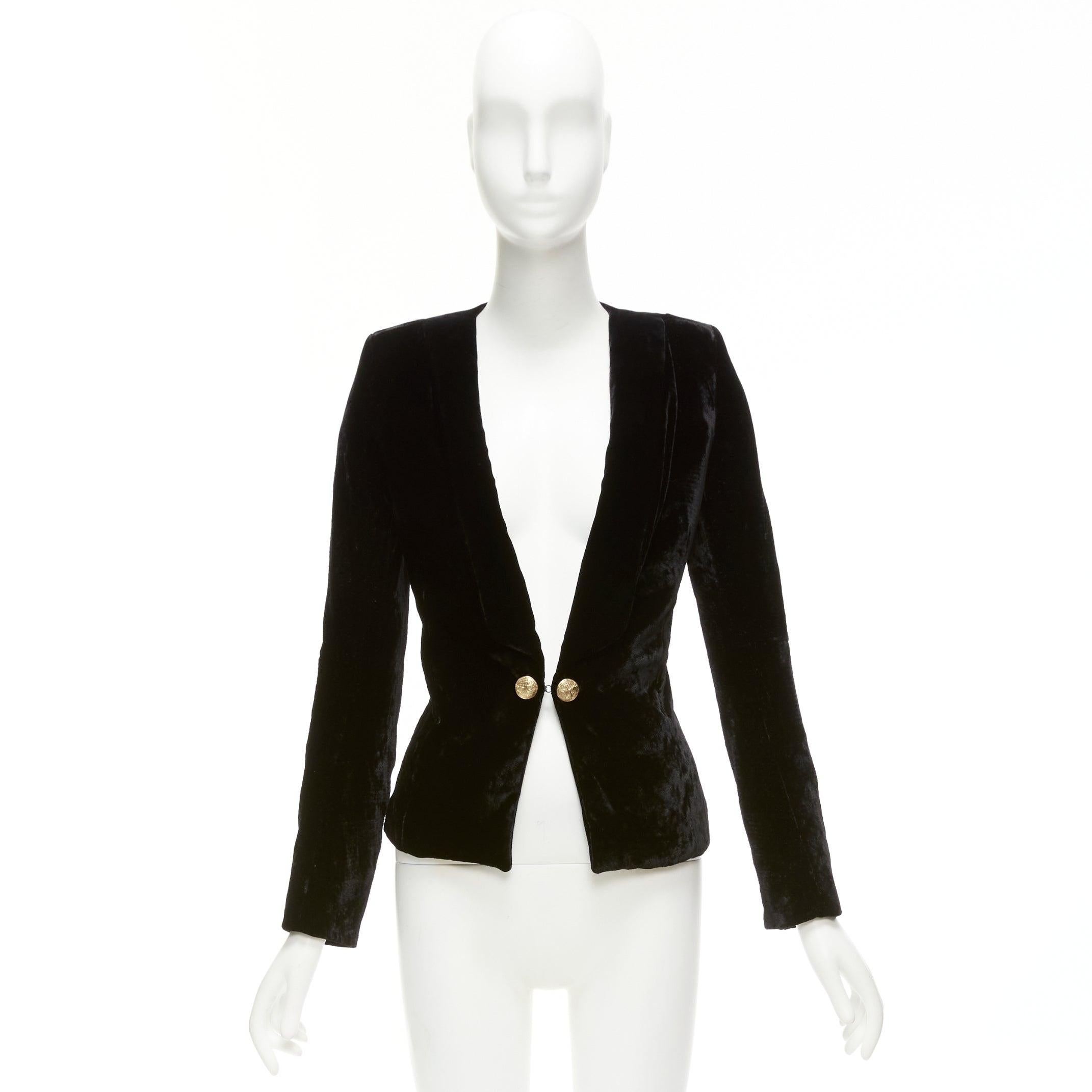 BALMAIN black velvet gold eagle buttons shoulder pads fitted blazer FR36 S For Sale 5