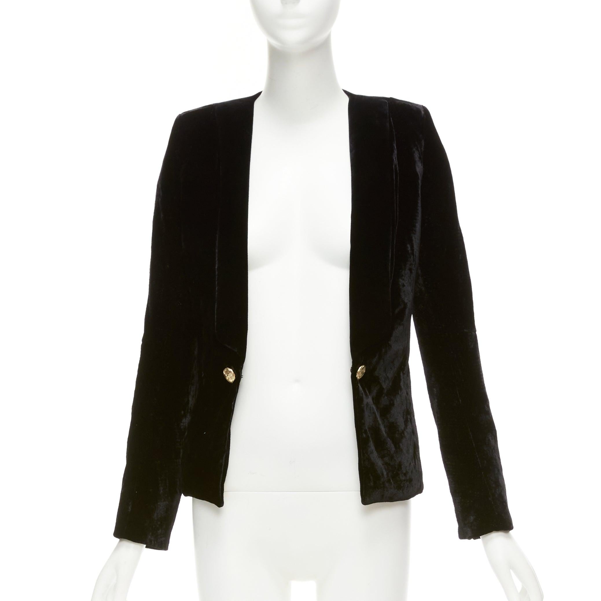 Black BALMAIN black velvet gold eagle buttons shoulder pads fitted blazer FR36 S For Sale
