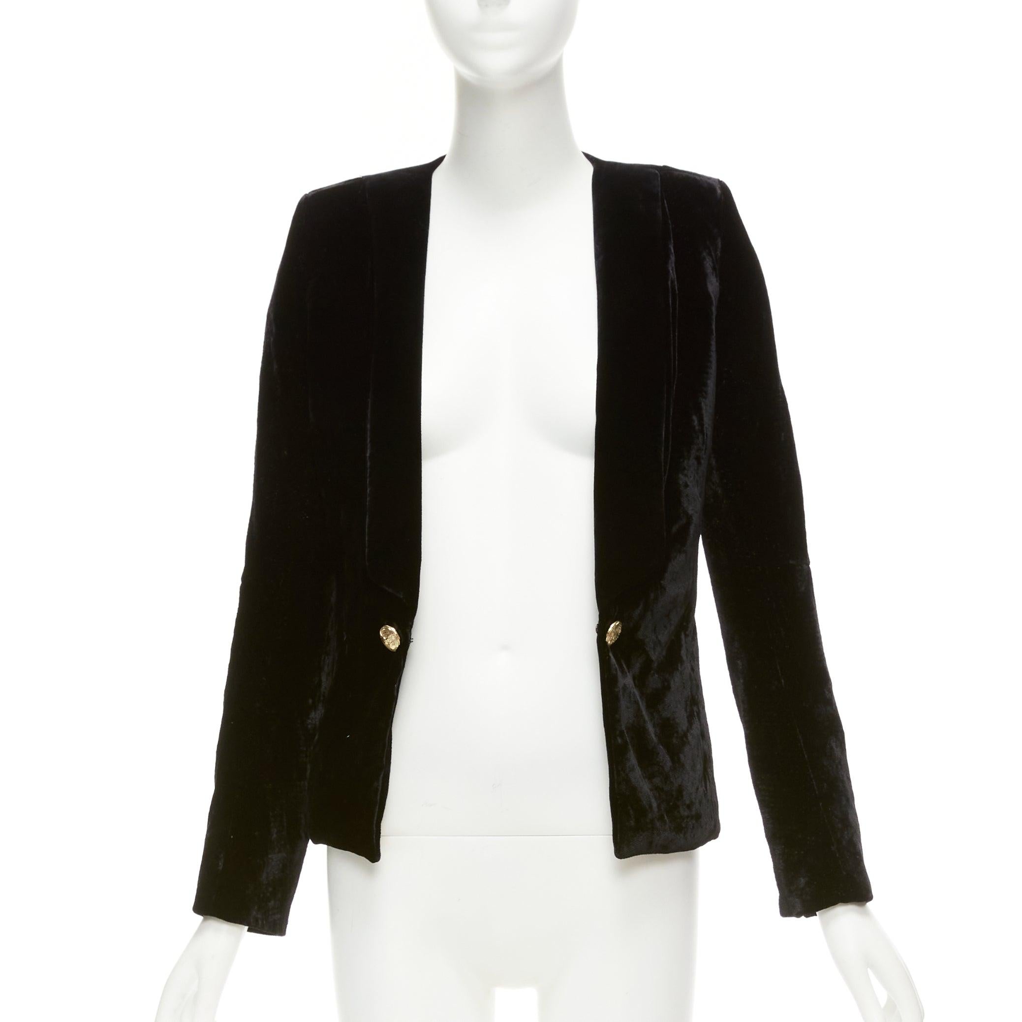 BALMAIN Schwarzer Blazer aus Samt mit goldenen Adlerknöpfen und Schulterpolstern FR36 S im Zustand „Hervorragend“ im Angebot in Hong Kong, NT