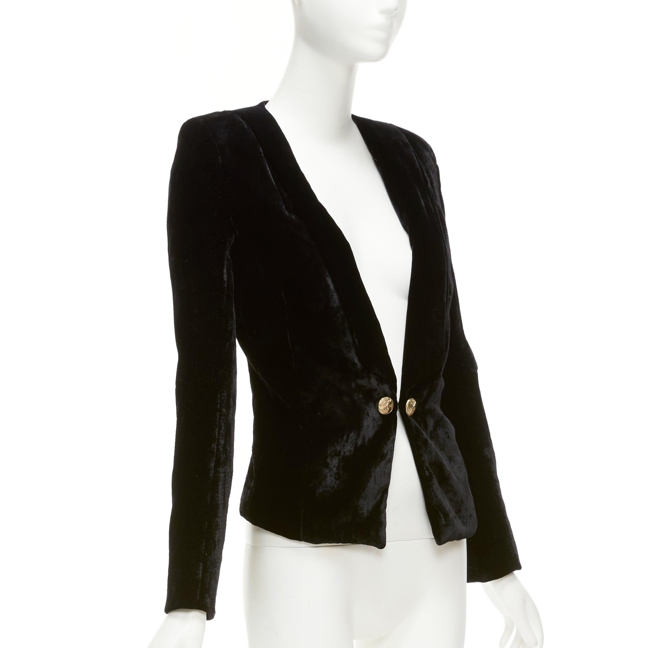 BALMAIN black velvet gold eagle buttons shoulder pads fitted blazer FR36 S In Excellent Condition For Sale In Hong Kong, NT