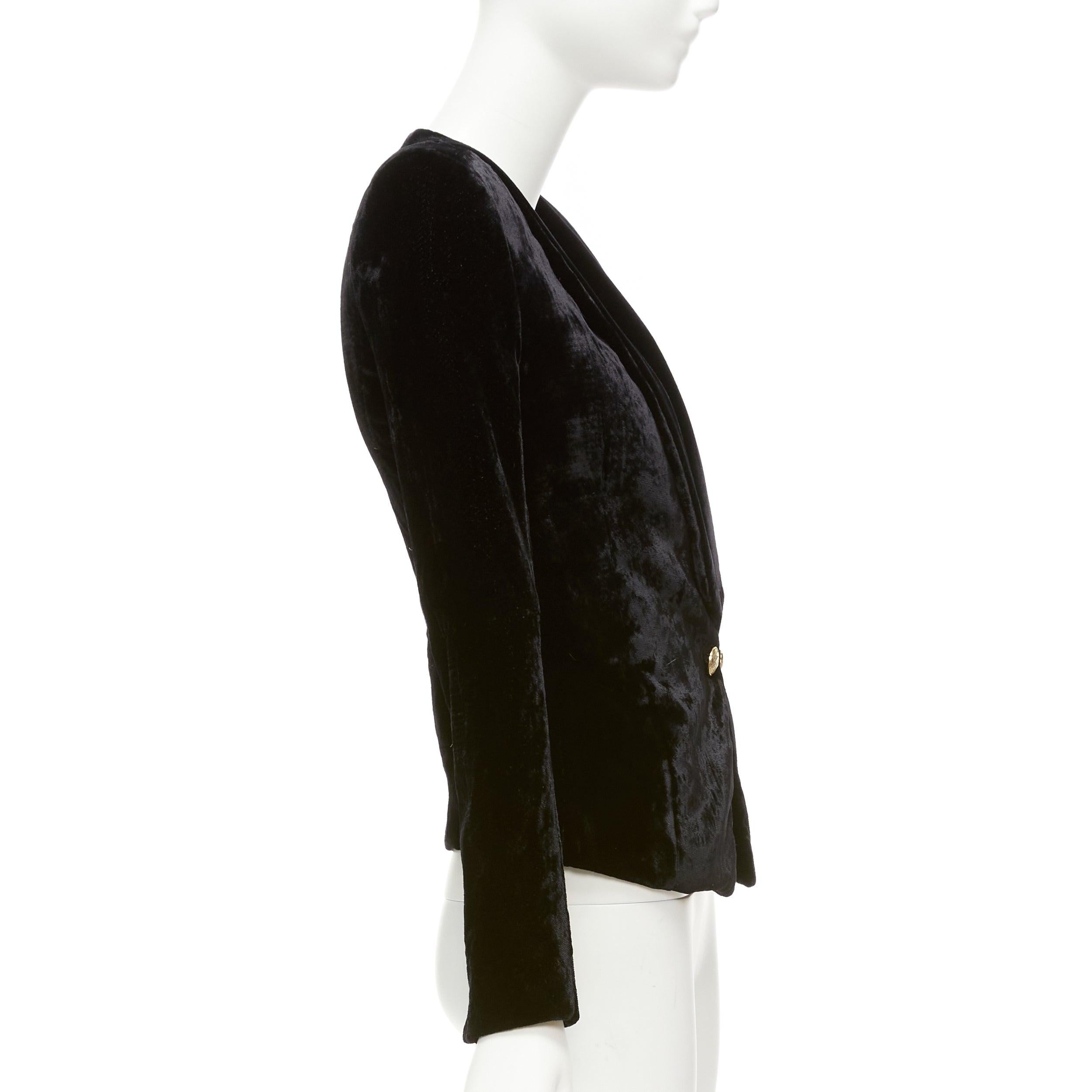BALMAIN black velvet gold eagle buttons shoulder pads fitted blazer FR36 S For Sale 1