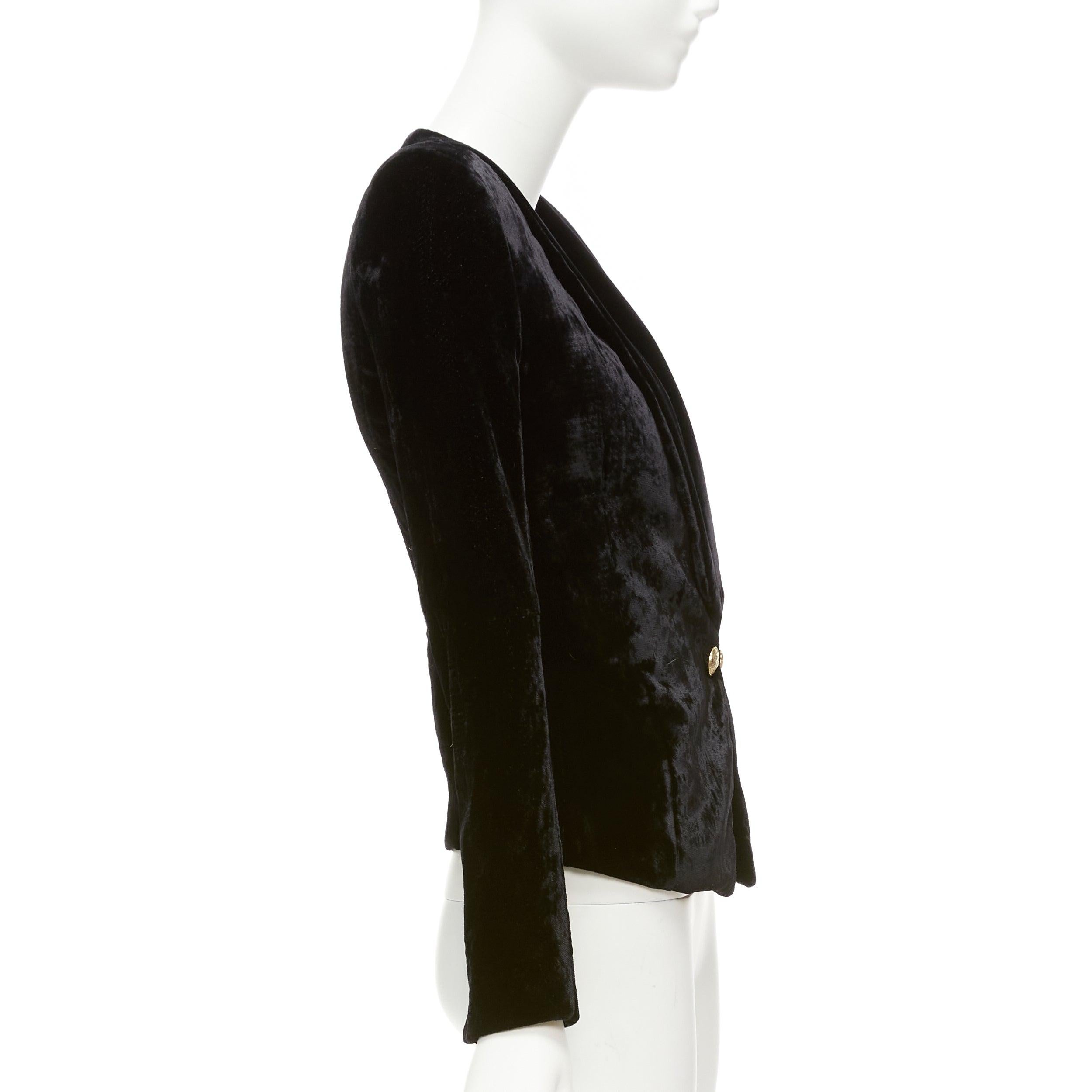 Women's BALMAIN black velvet gold eagle buttons shoulder pads fitted blazer FR36 S For Sale