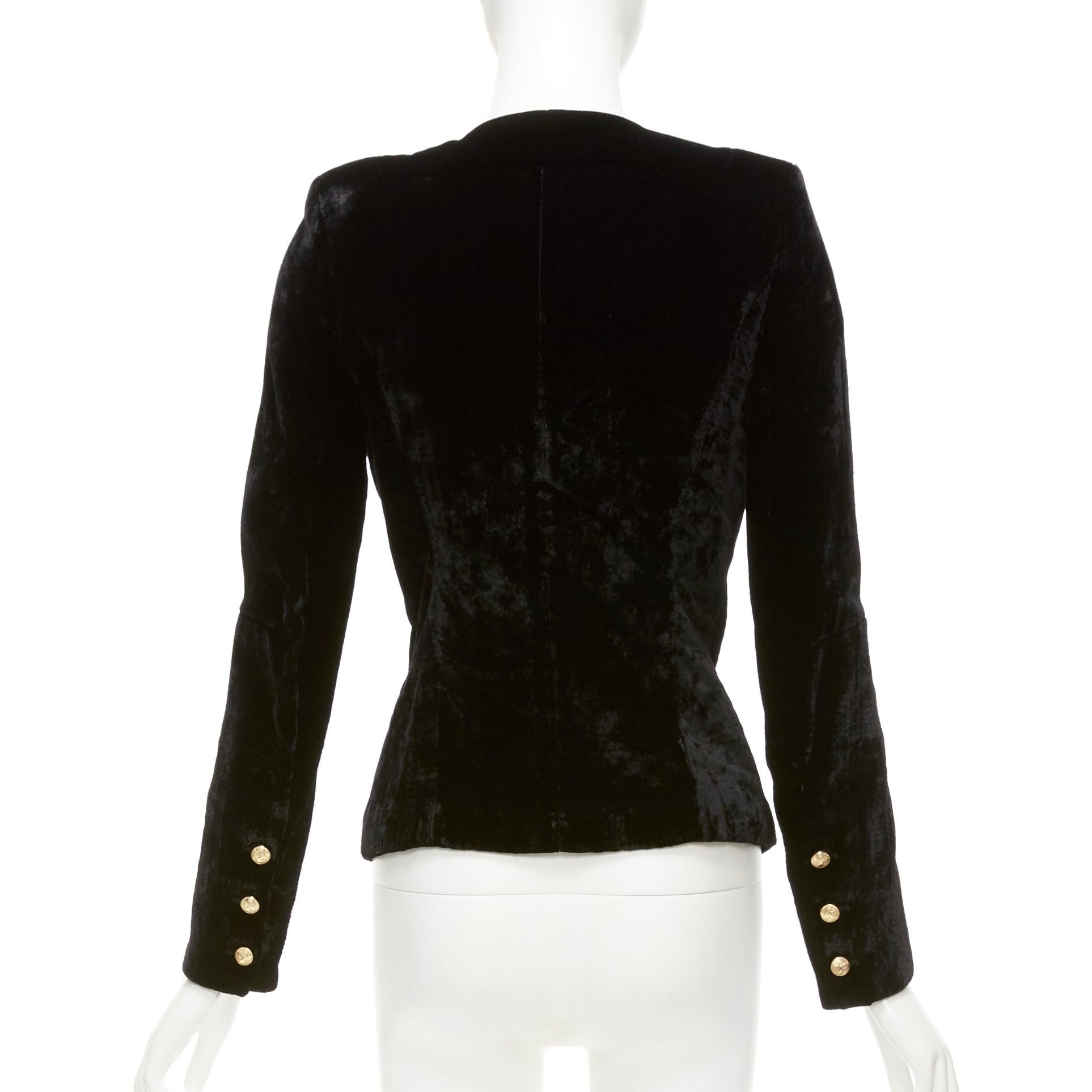 BALMAIN black velvet gold eagle buttons shoulder pads fitted blazer FR36 S For Sale 1