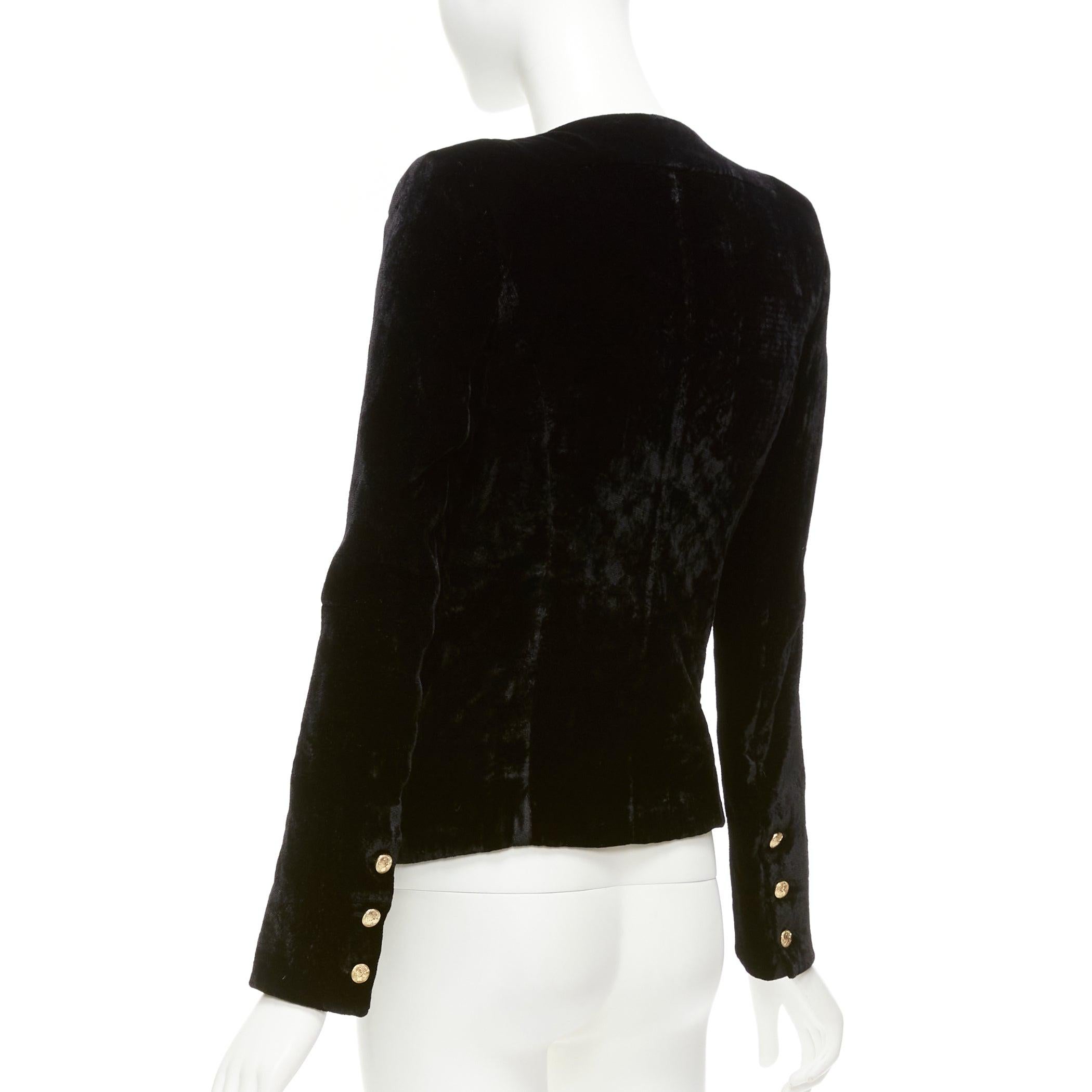 BALMAIN black velvet gold eagle buttons shoulder pads fitted blazer FR36 S For Sale 3